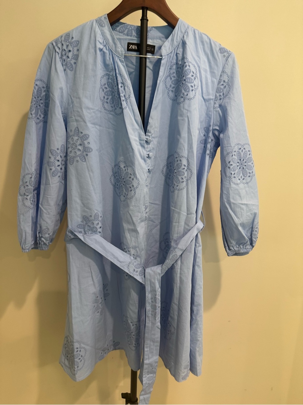 Zara Women's Blue Embroidered Eyelet Mini Dress with Belt Coastal Holiday XL
